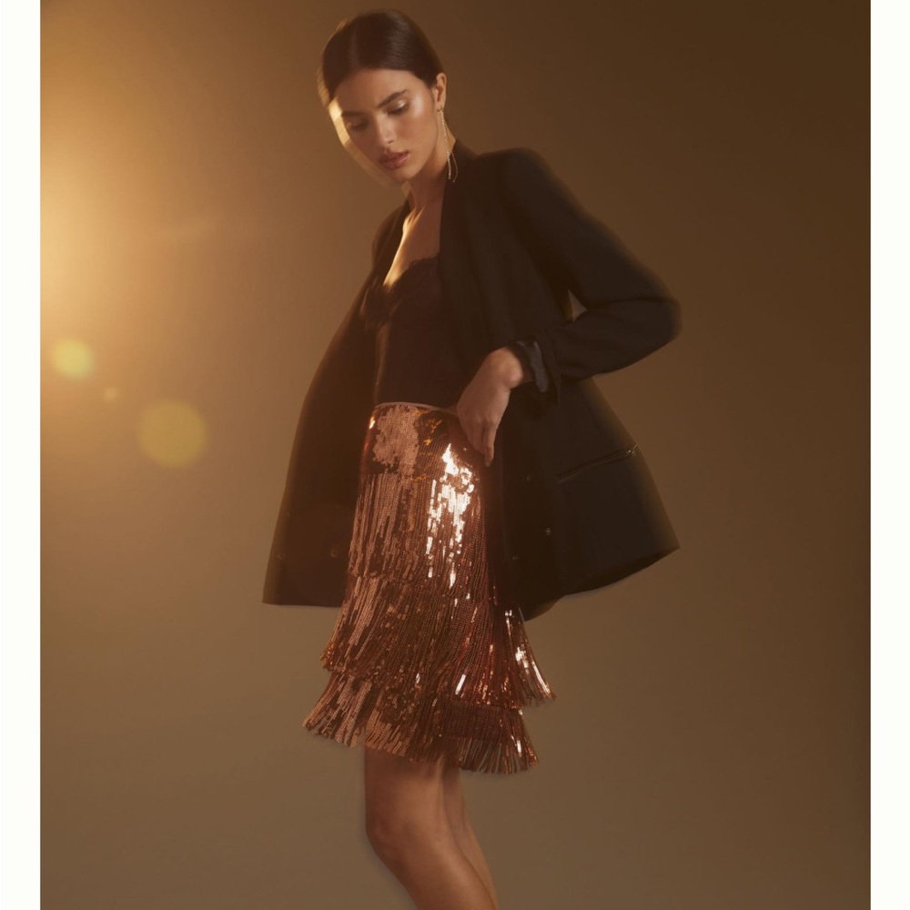 Anthropologie Maeve rose gold sequin fringe skirt